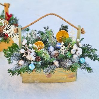 Елочные украшения и ветки в ящике